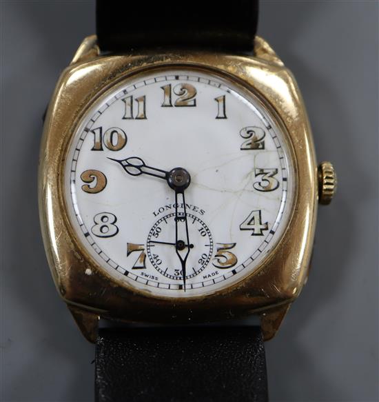 A gentlemans early 20th century 9ct gold Longines manual wind wrist watch.